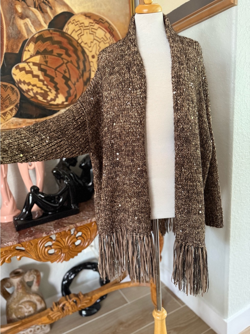 Brunello Cucinelli Brown Marled Fringe Open-Front Cardigan - Picture 3 of 11